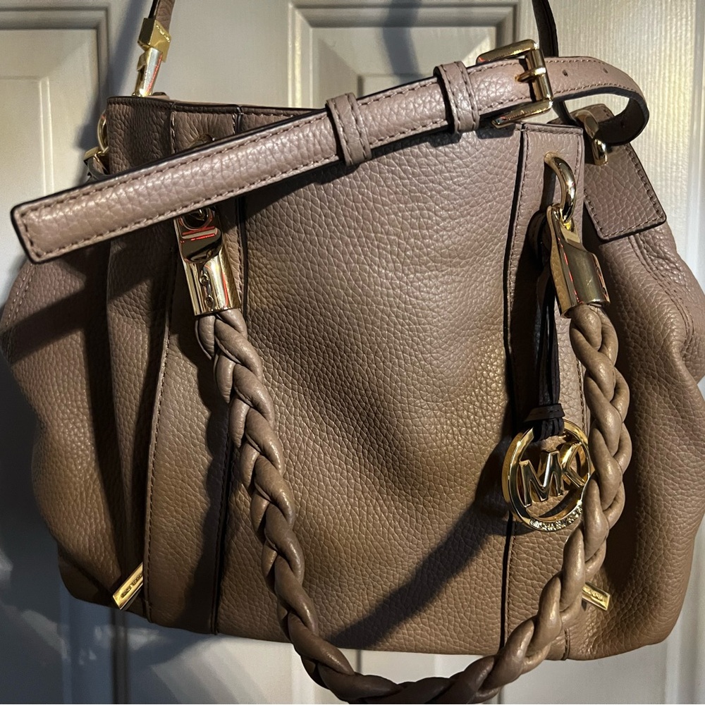 Michael Kors Naomi Taupe Braided Leather Shoulder Bag with Gold Hardware